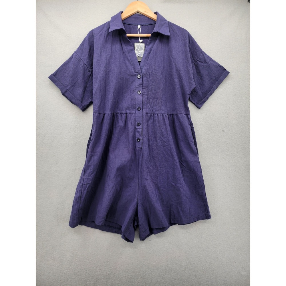 Deepself Purple Linen Blend Romper Short Sleeve Button Front Pocketed Jumpsuit M